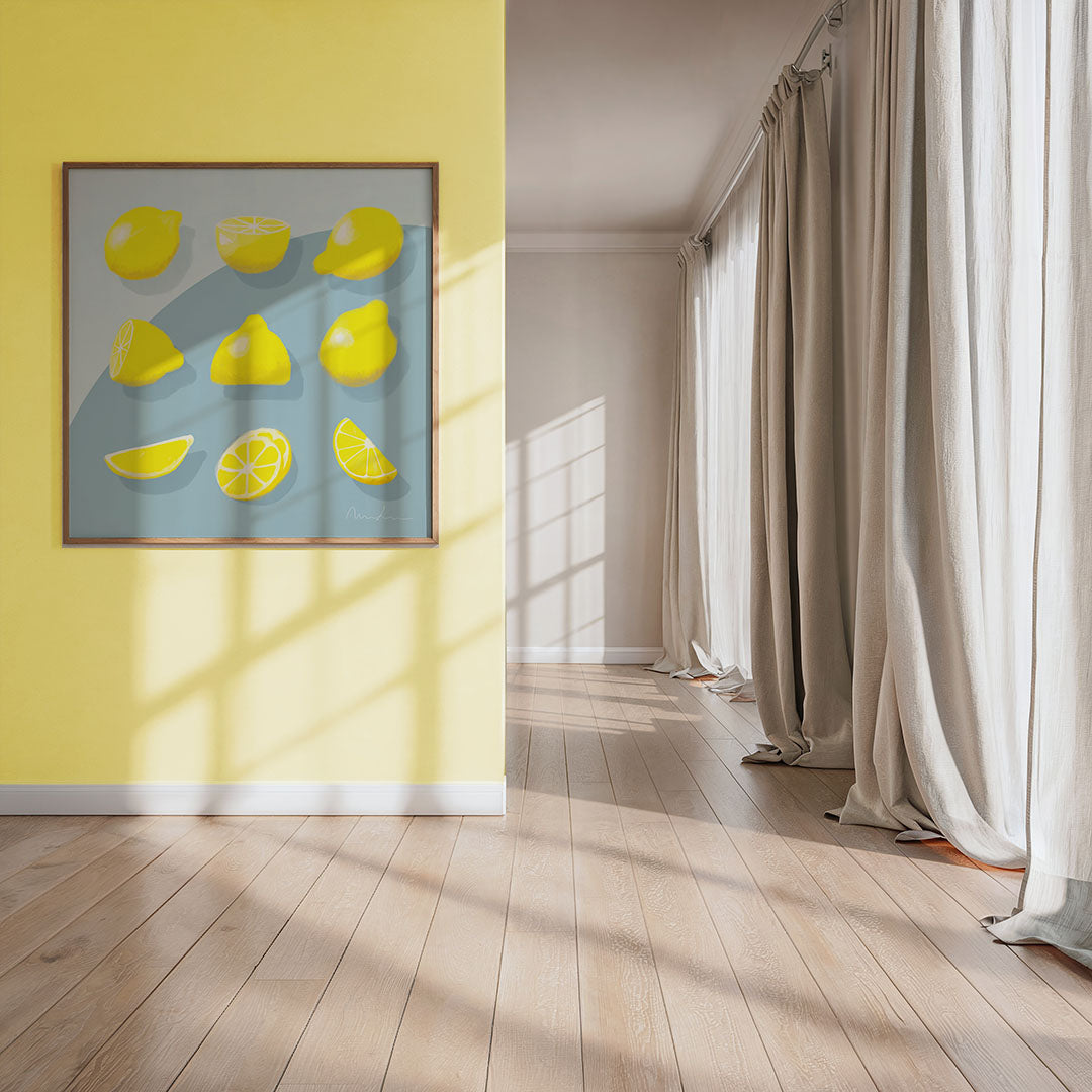 beautiful picture with lemons in all sixes. Square frame on wall
