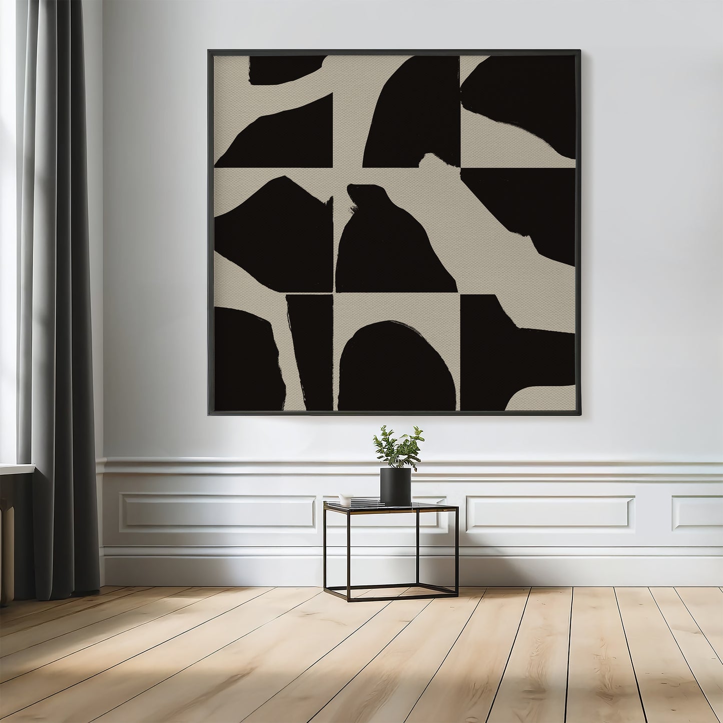Abstrakt kunstværk i sort og beige, opdelt i 9 felter med grafiske former – moderne og minimalistisk udtryk.