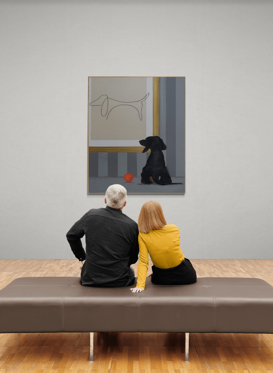 Maleri af en hund, der betragter en enkel tegning af en hund på væggen, af Maria Lundsten.