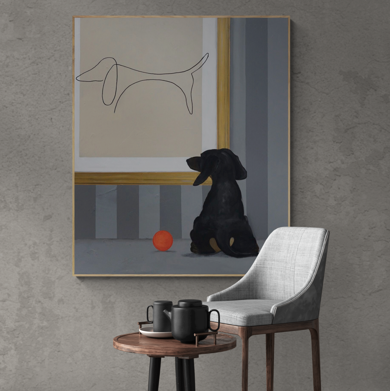 Maleri af en hund, der betragter en enkel tegning af en hund på væggen, af Maria Lundsten.