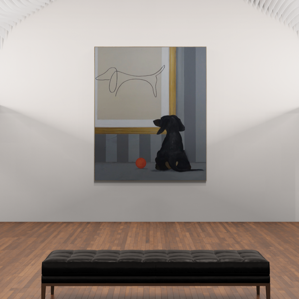 Maleri af en hund, der betragter en enkel tegning af en hund på væggen, af Maria Lundsten.