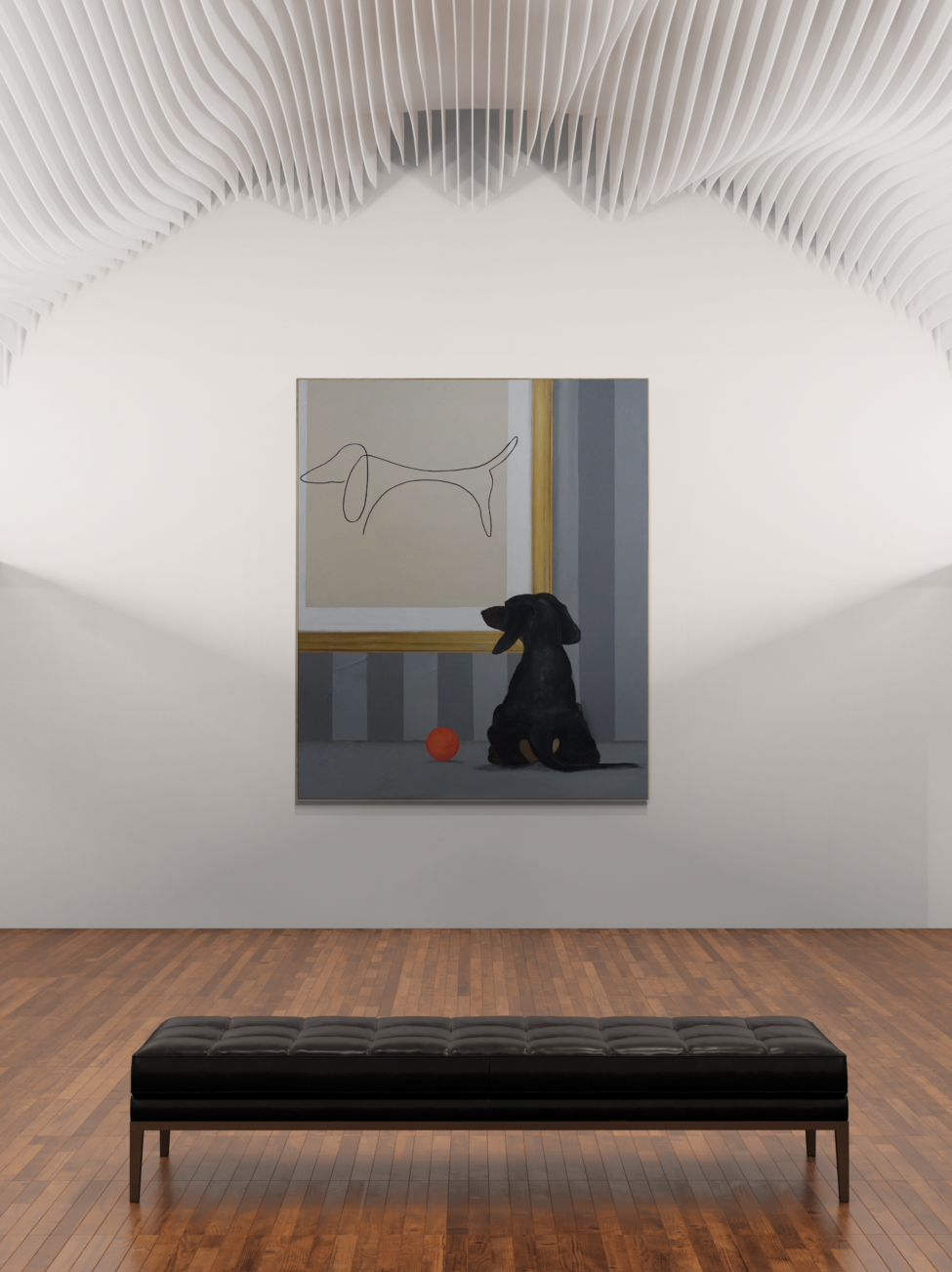 Maleri af en hund, der betragter en enkel tegning af en hund på væggen, af Maria Lundsten.