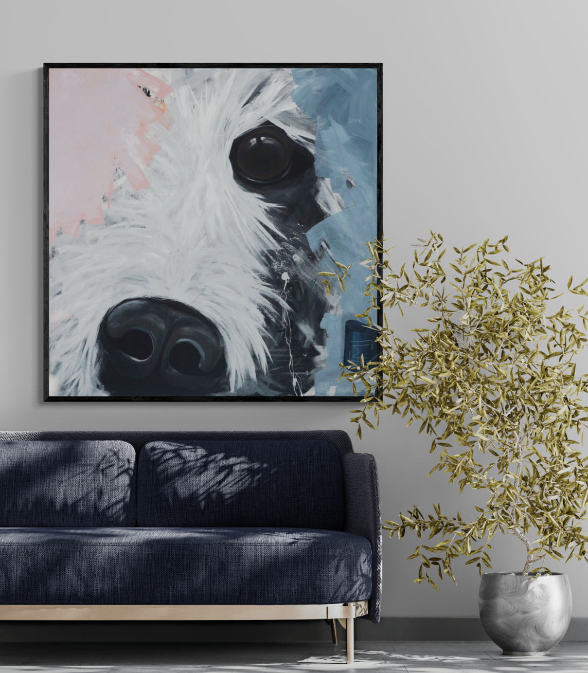 Abstract Dog lærredsprint præsenteret med elegant sort- eller egetræsramme.
