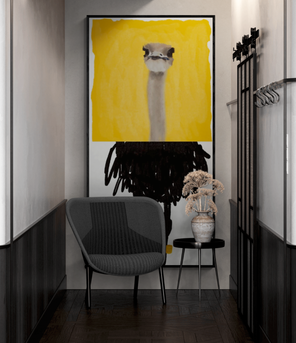 En humoristisk kunstplakat af en struds med gul baggrund og minimalistisk design.