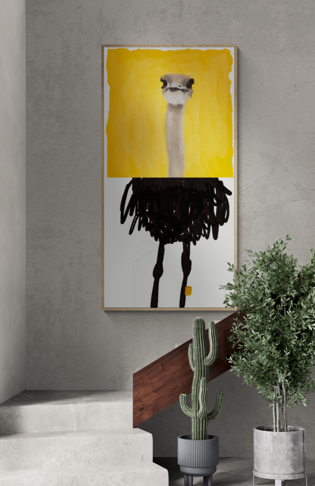 En humoristisk kunstplakat af en struds med gul baggrund og minimalistisk design.