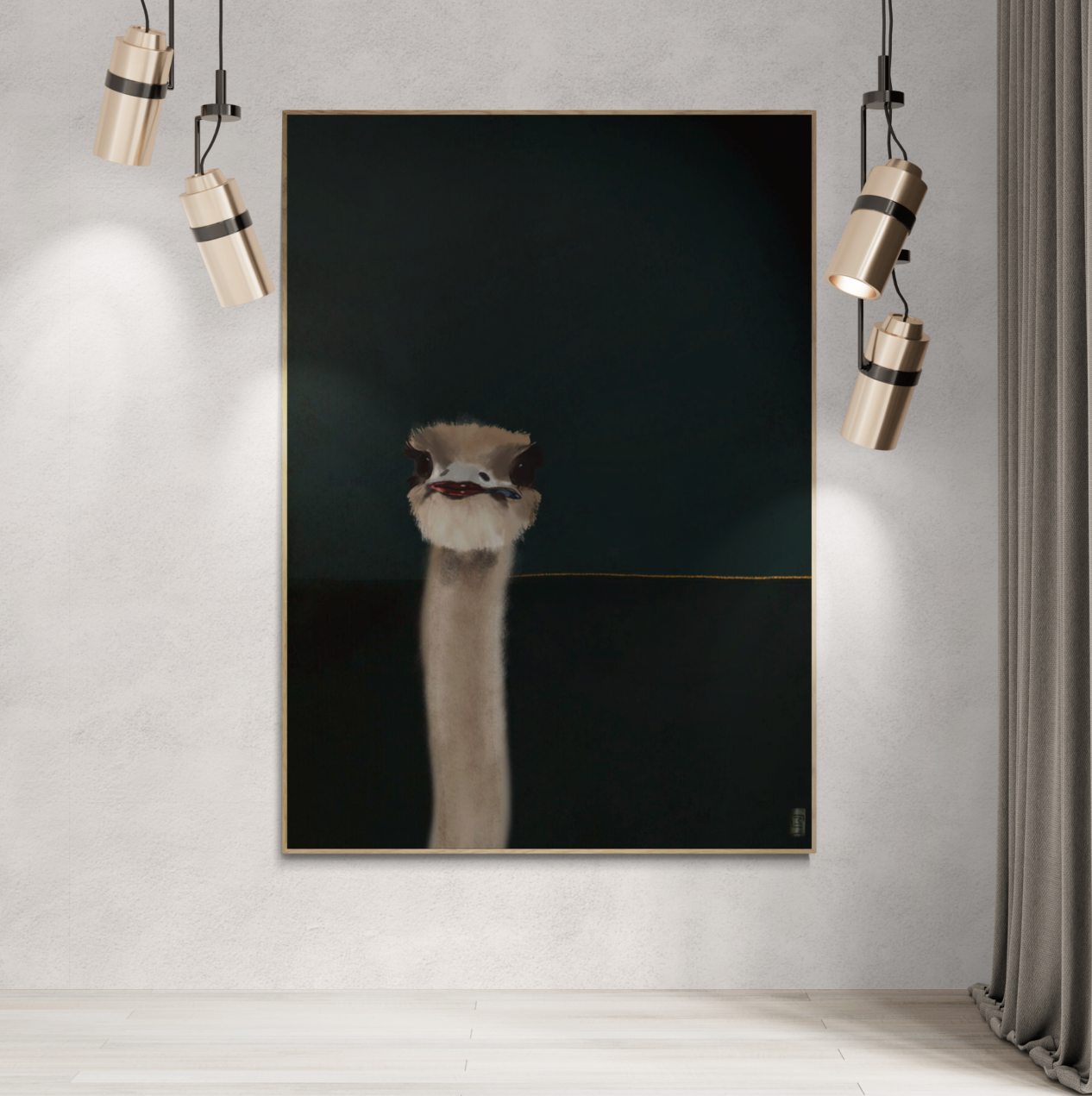 Struds, ostrich, lang hals, print, canvas print, digital fil, ramme orange, grøn, røde læber