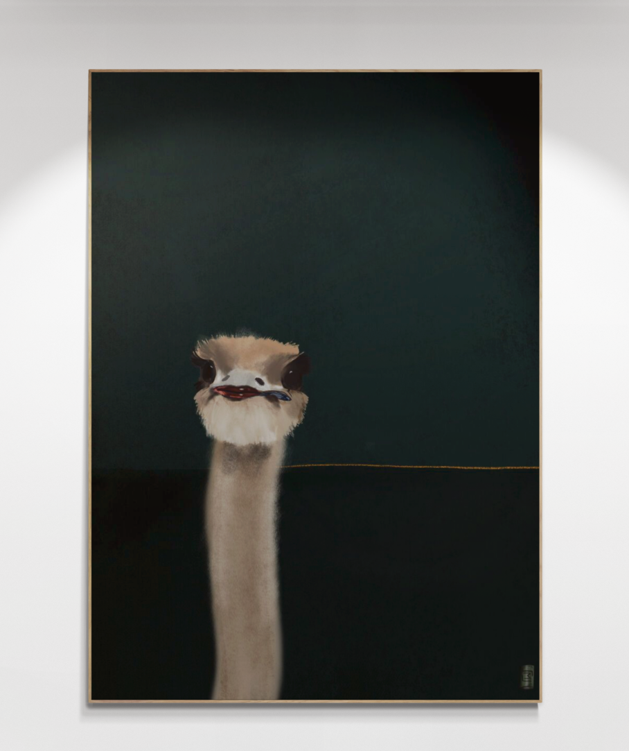 "Luminary and Oscar', en unik kunstplakat med en charmerende struds, perfekt til kvinder med sans for indretning og kunst. Ideel til moderne hjem. Shop nu!
