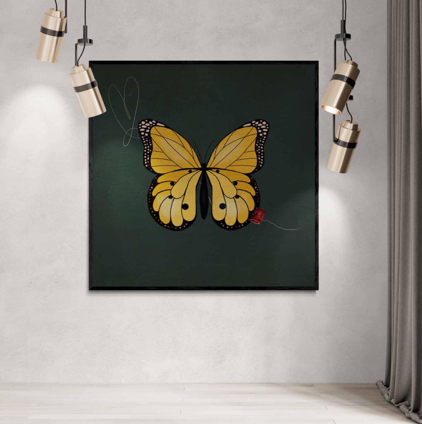 yellow Butterfly with drak green background