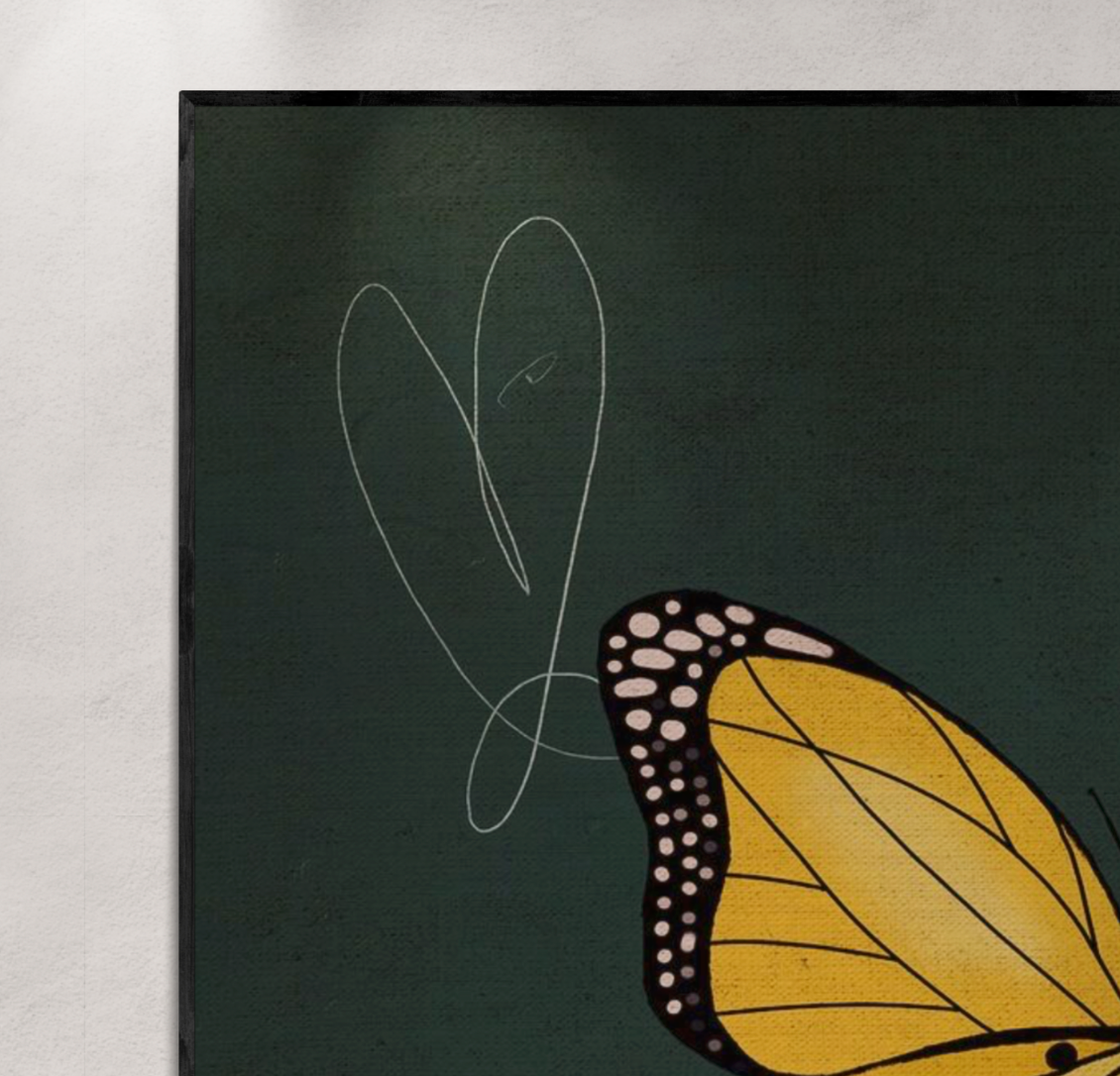 yellow Butterfly with drak green background