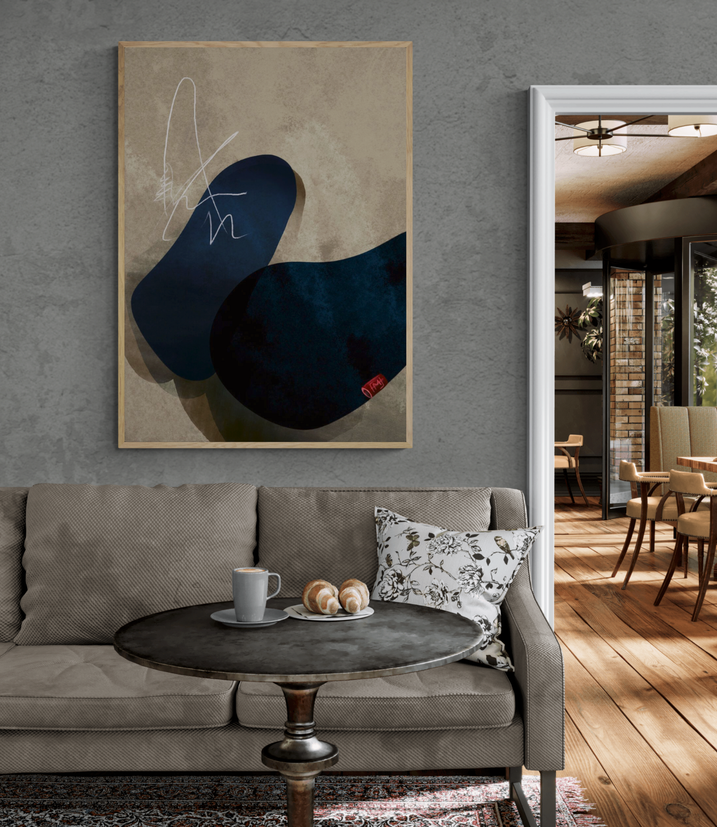 En abstrakt kunstplakat med dybe blå nuancer og hvide linjer på en beige baggrund, der skaber en beroligende og moderne æstetik.