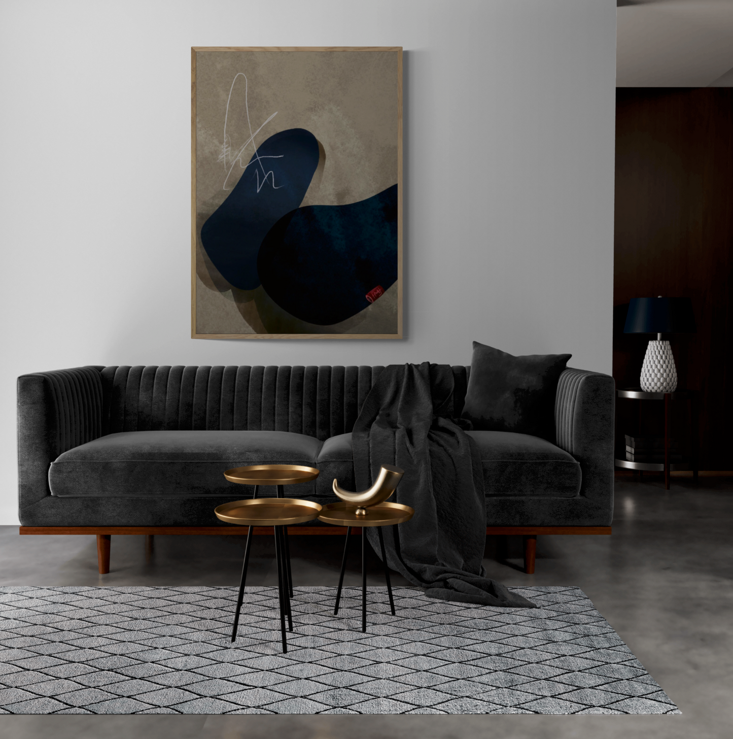 En abstrakt kunstplakat med dybe blå nuancer og hvide linjer på en beige baggrund, der skaber en beroligende og moderne æstetik.