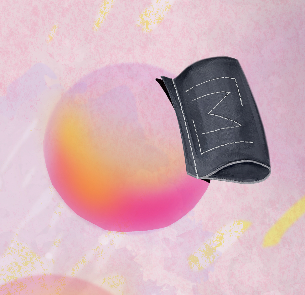 En farverig abstrakt kunstplakat med lyse pink, gule og orange nuancer i et dynamisk mønster.