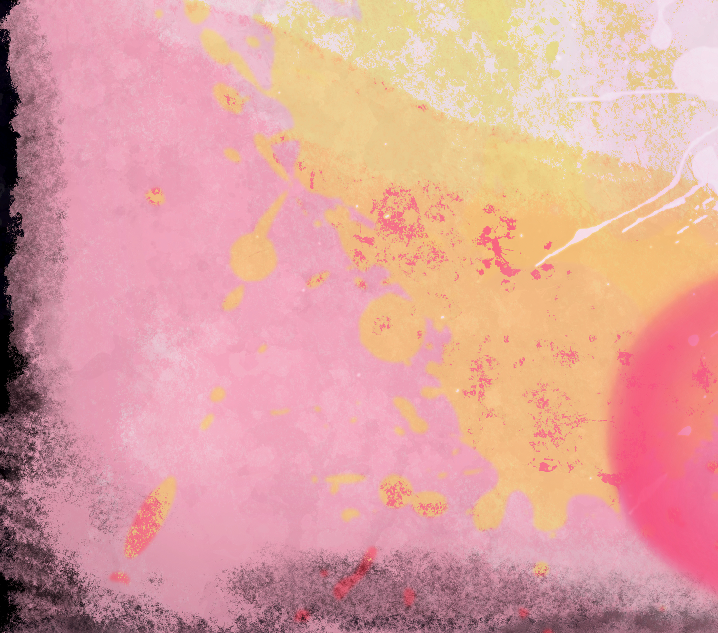 En farverig abstrakt kunstplakat med lyse pink, gule og orange nuancer i et dynamisk mønster.