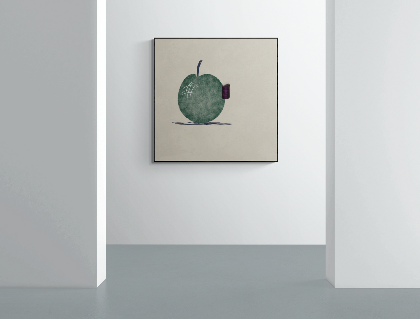 En moderne kunstplakat med et minimalistisk design, der viser en grøn cirkel med subtile teksturer og linjer på en lys baggrund.