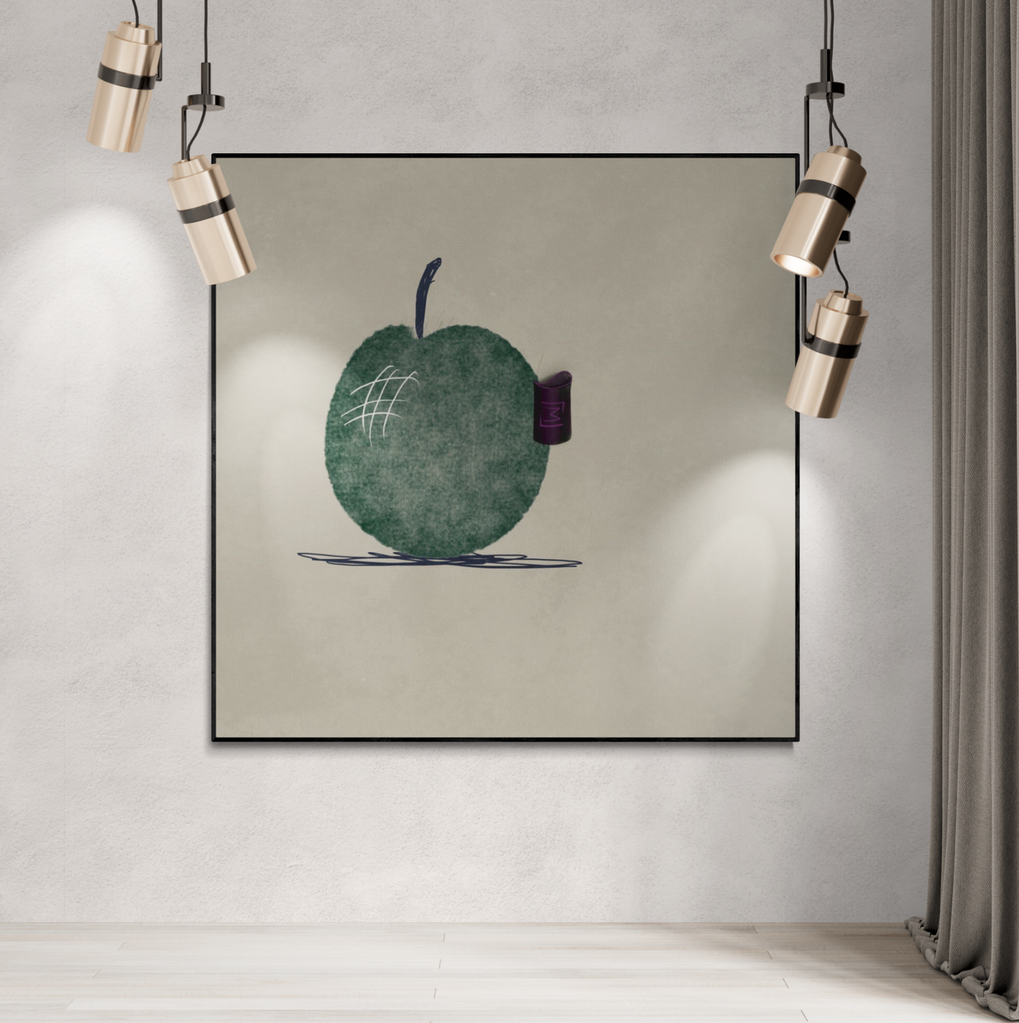 En moderne kunstplakat med et minimalistisk design, der viser en grøn cirkel med subtile teksturer og linjer på en lys baggrund.