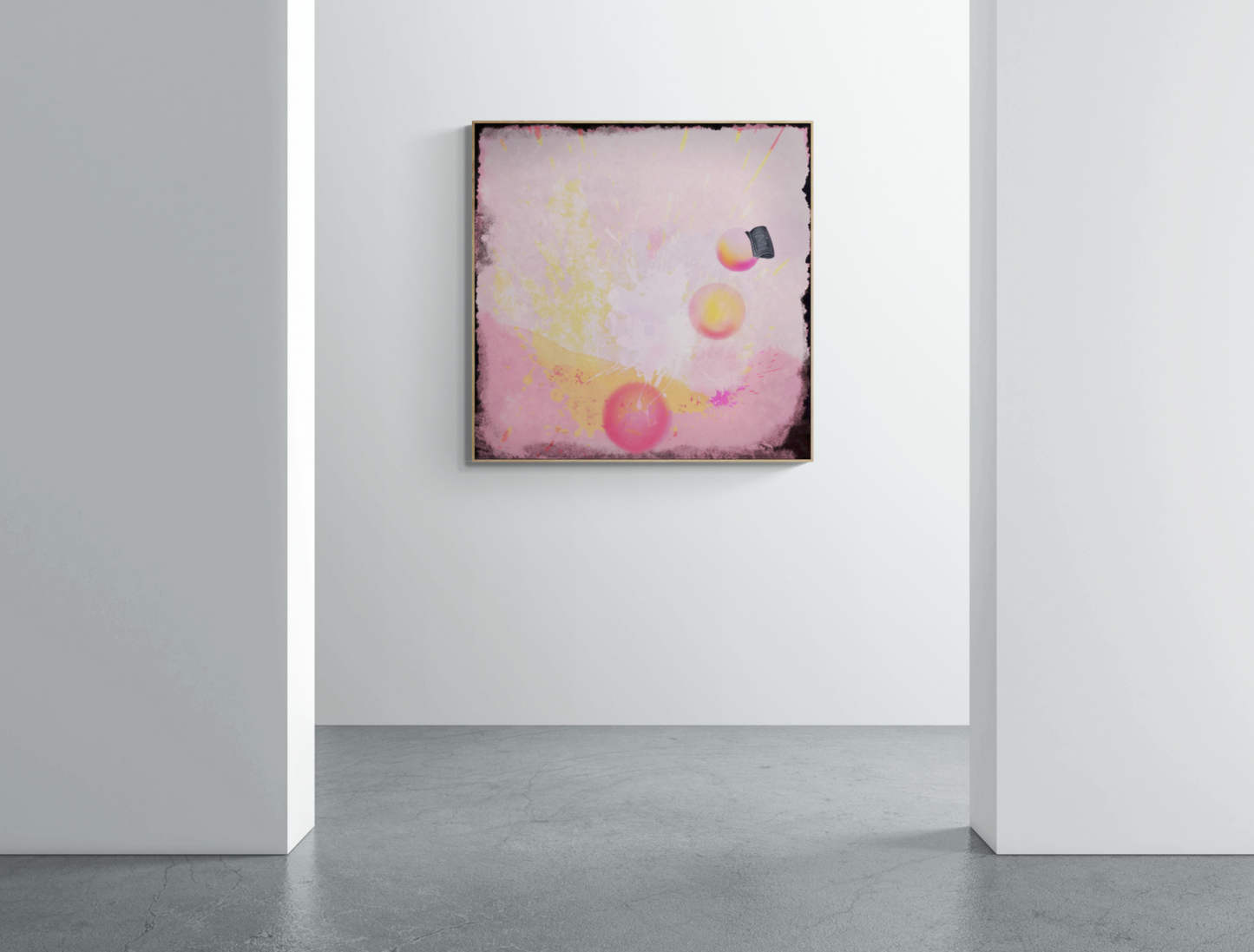 En farverig abstrakt kunstplakat med lyse pink, gule og orange nuancer i et dynamisk mønster.