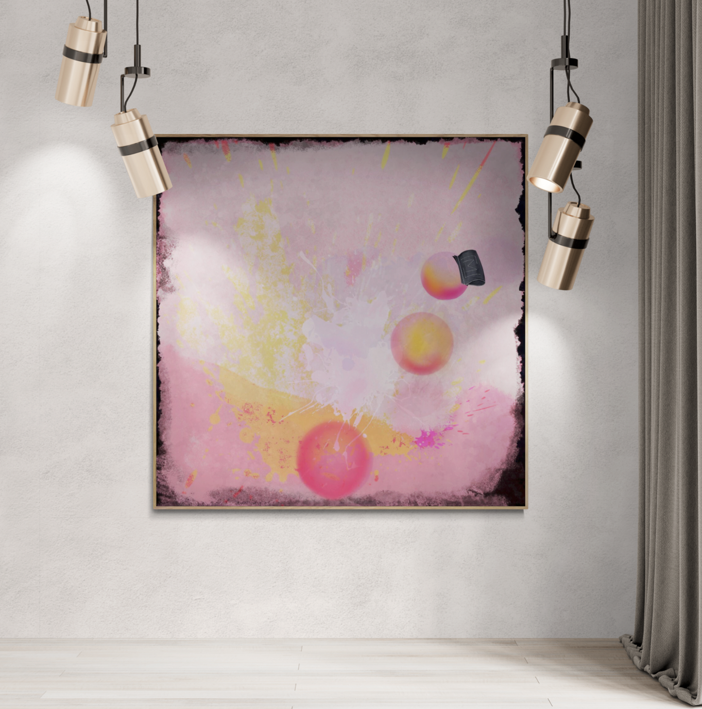 En farverig abstrakt kunstplakat med lyse pink, gule og orange nuancer i et dynamisk mønster.