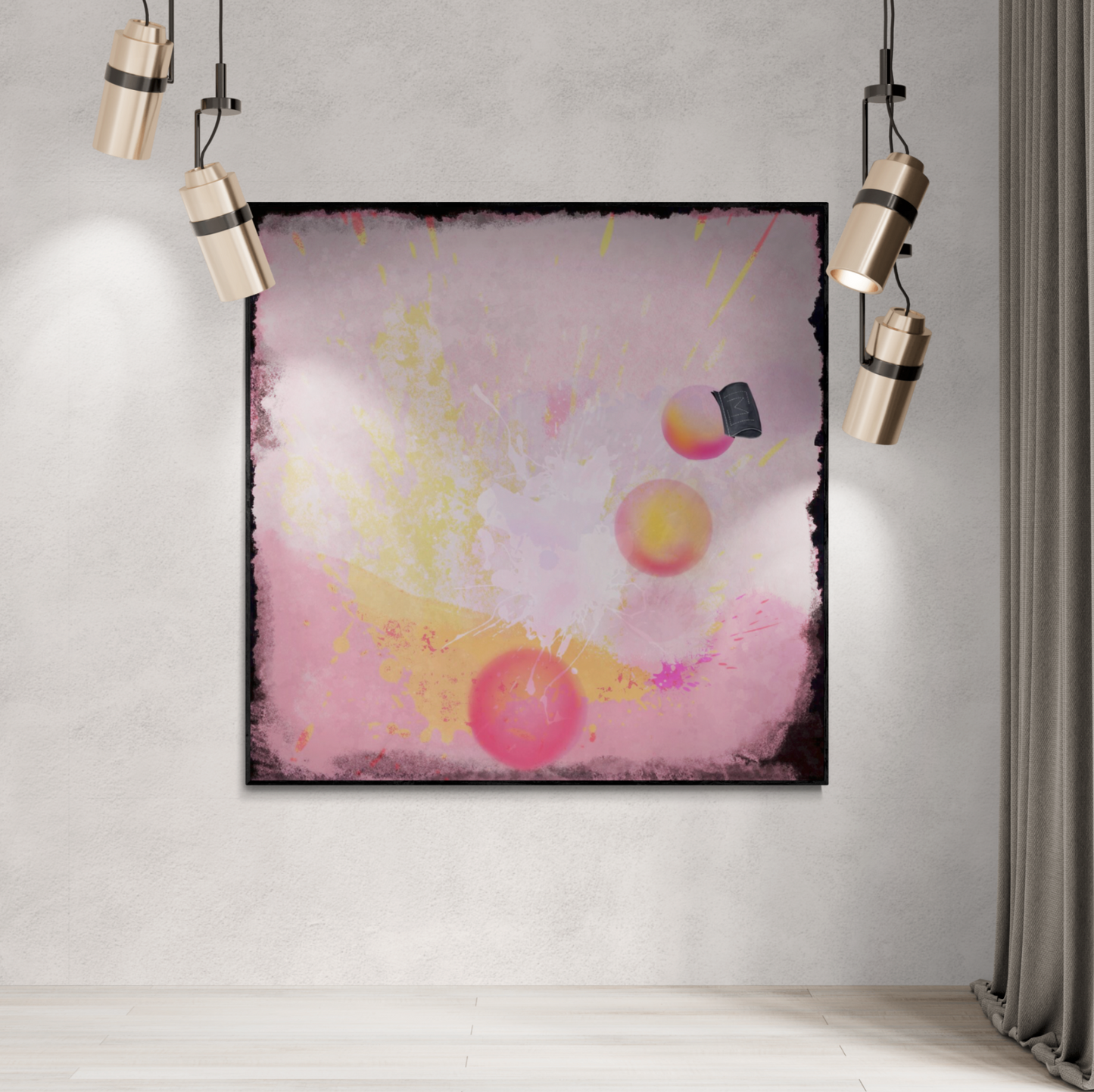 En farverig abstrakt kunstplakat med lyse pink, gule og orange nuancer i et dynamisk mønster.