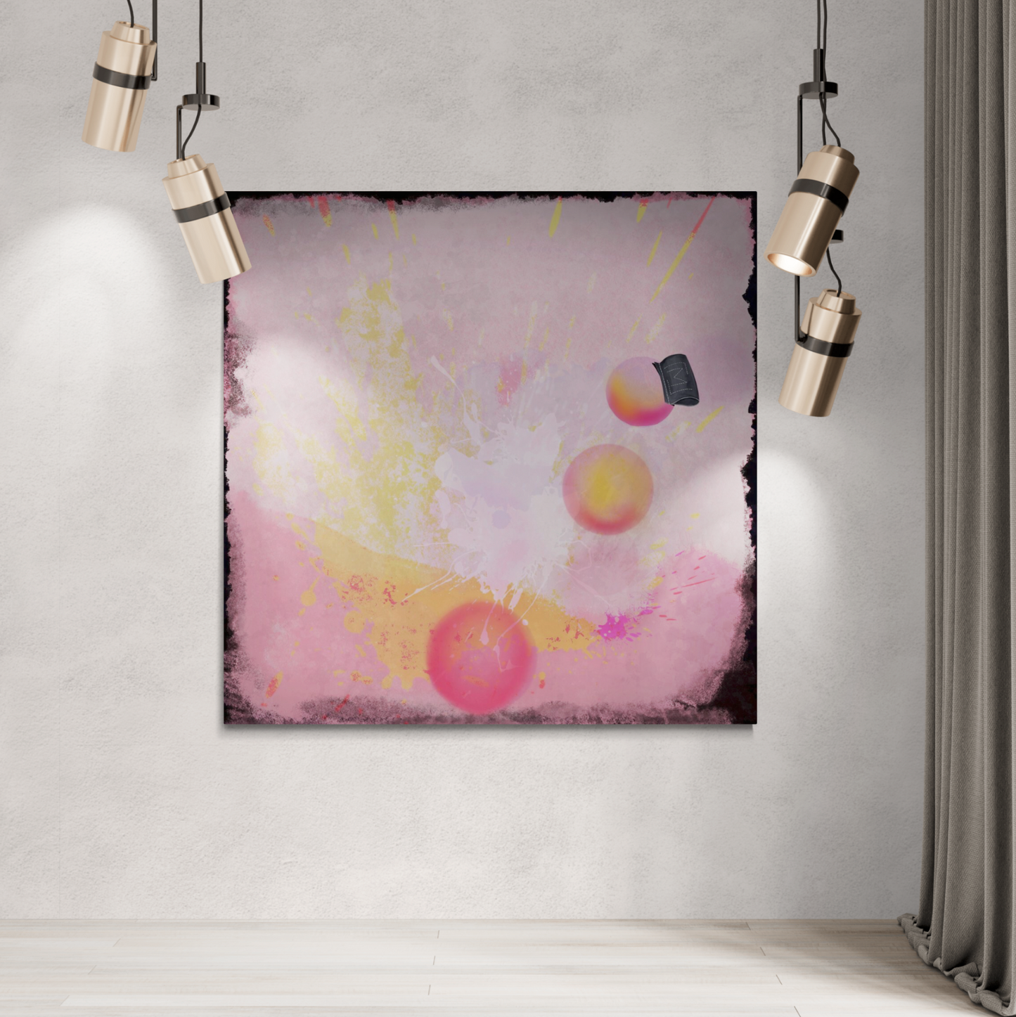 En farverig abstrakt kunstplakat med lyse pink, gule og orange nuancer i et dynamisk mønster.