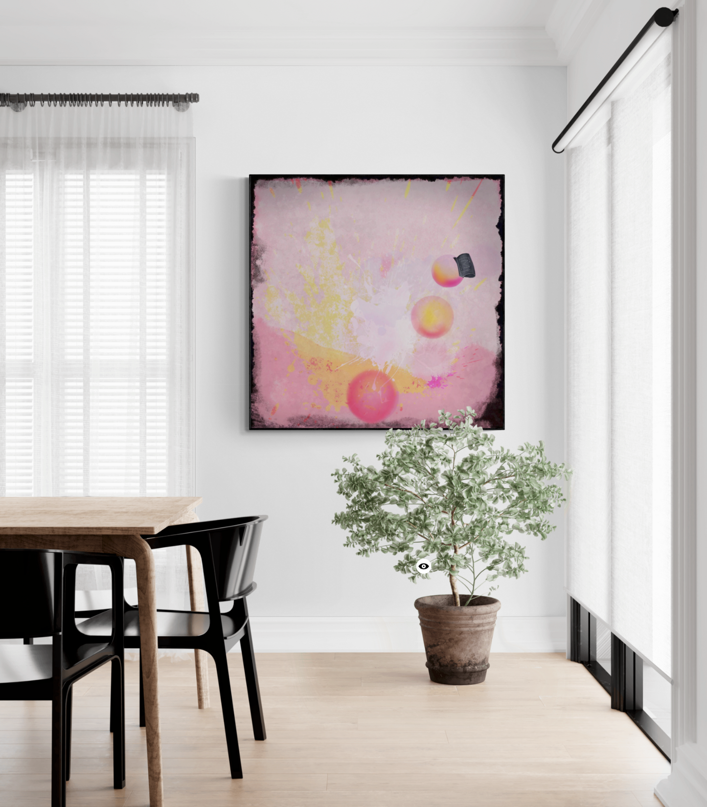 En farverig abstrakt kunstplakat med lyse pink, gule og orange nuancer i et dynamisk mønster.