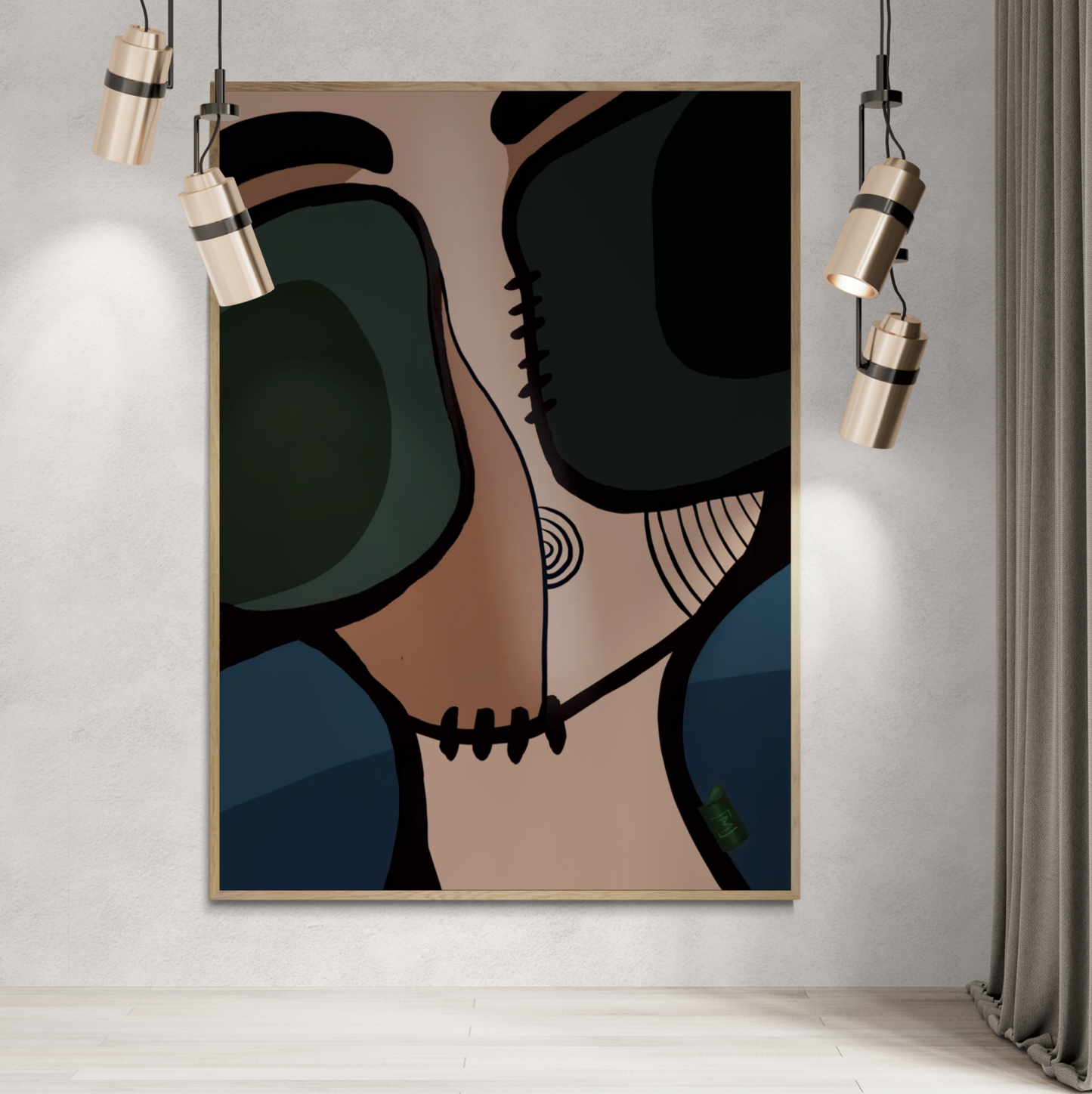 En abstrakt kunstplakat med dybe farver og geometriske former, der skaber et dynamisk og iøjnefaldende design.