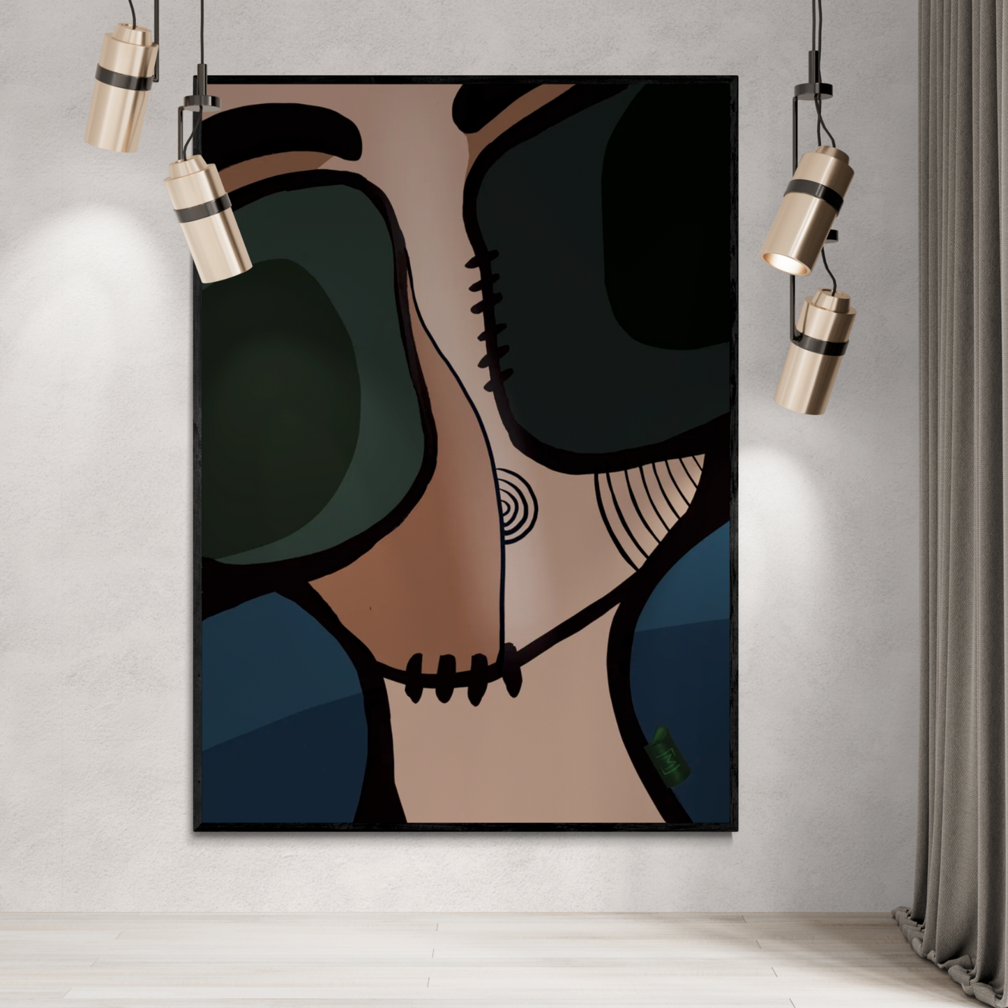 En abstrakt kunstplakat med dybe farver og geometriske former, der skaber et dynamisk og iøjnefaldende design.