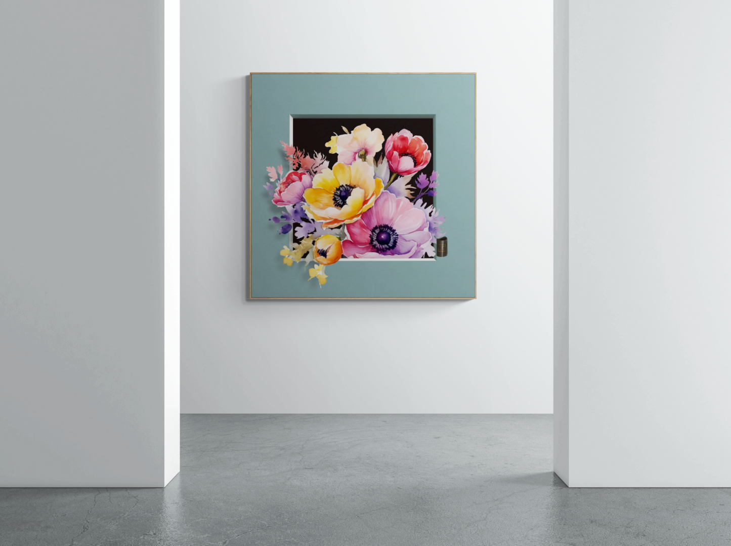 ramme. Så her kan man sige man får en et billed med passe partout ramme. "Botanical Bliss” af Maria Lundsten er fyldt med farverige blomster, der virkelig lyser op i rummet.