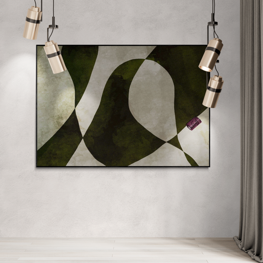 Abstrakt maleri i smukke grønne og beige toner af Maria Lundsten, inspireret af naturens former og mønstre.