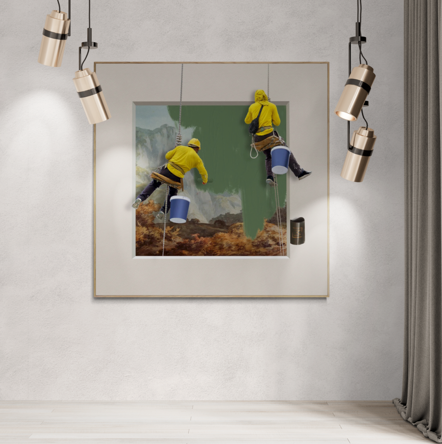 To malere iført gule trøjer og hjelme hænger i reb og maler et klassisk landskabsmaleri med grøn maling på en kunstplakat. Baggrunden viser en malerisk natur med bjerge og træer. Plakaten har mange dimensioner at vælge imellem