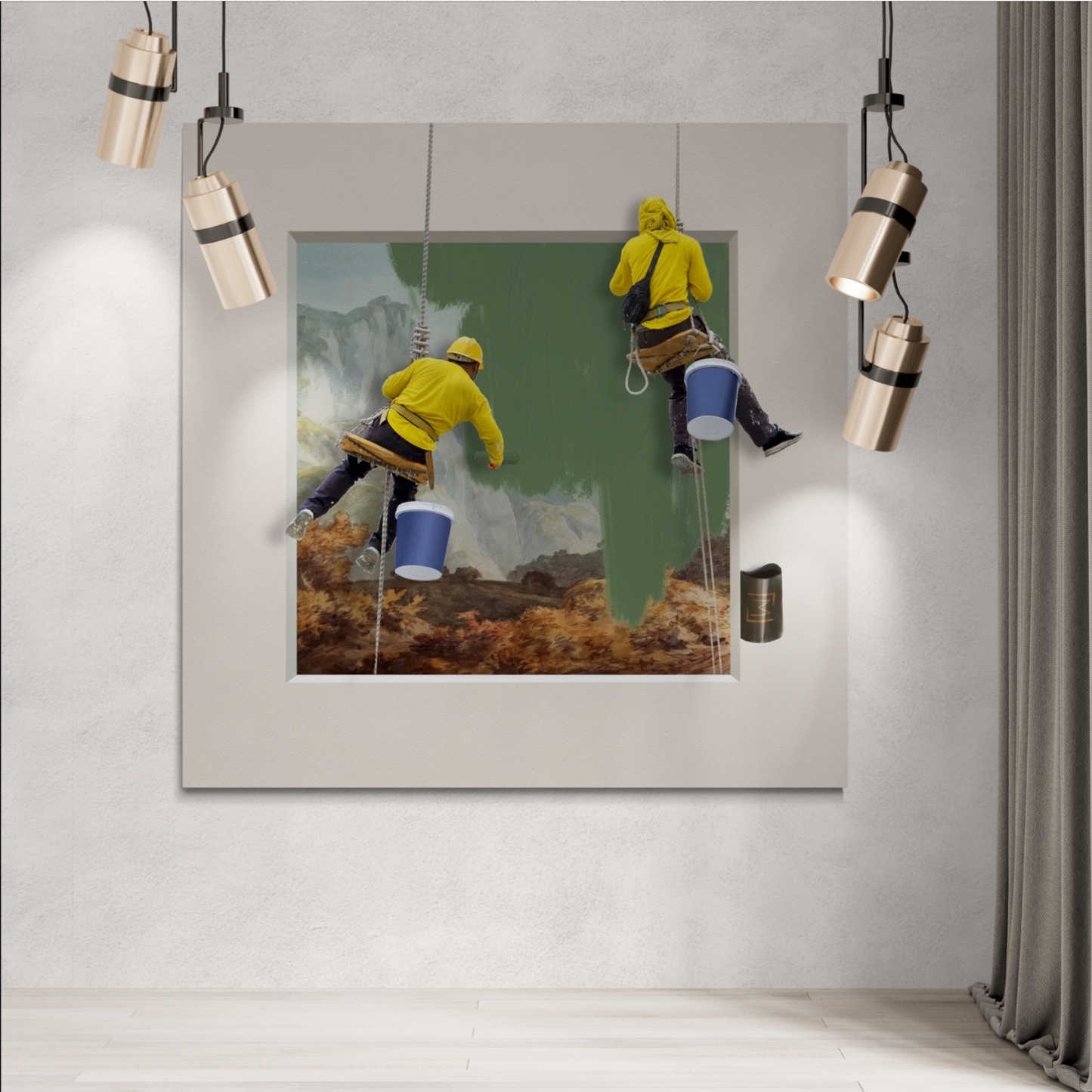 To malere iført gule trøjer og hjelme hænger i reb og maler et klassisk landskabsmaleri med grøn maling på en kunstplakat. Baggrunden viser en malerisk natur med bjerge og træer. Plakaten har mange dimensioner at vælge imellem