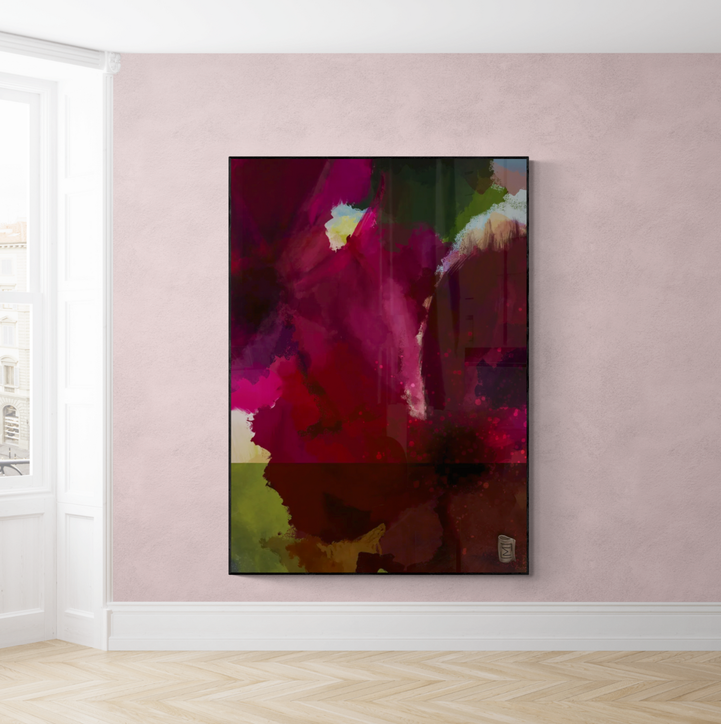 "Panorama" er en abstrakt kunstplakat, der kombinerer intense røde og grønne nuancer med subtile teksturer for at skabe en dyb og medrivende visuel oplevelse. Jeg har ladet mig inspirere af blomster hvilket resulterer i et værk, der både er levende og beroligende. Dette lærredsprint er designet til at tilføje en følelse af dybde og drama til ethvert rum, hvilket gør den perfekt til moderne indretning.