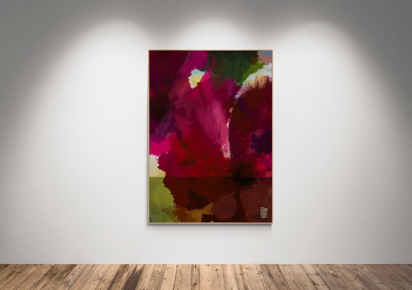 Abstrakt blomstermotiv "Panorama L24083" i pink og grøn af Maria Lundsten