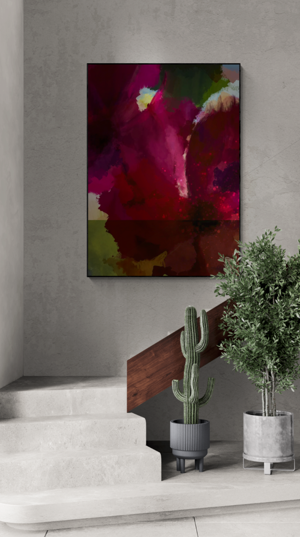 "Panorama" er en abstrakt kunstplakat, der kombinerer intense røde og grønne nuancer med subtile teksturer for at skabe en dyb og medrivende visuel oplevelse. Jeg har ladet mig inspirere af blomster hvilket resulterer i et værk, der både er levende og beroligende. Dette lærredsprint er designet til at tilføje en følelse af dybde og drama til ethvert rum, hvilket gør den perfekt til moderne indretning.