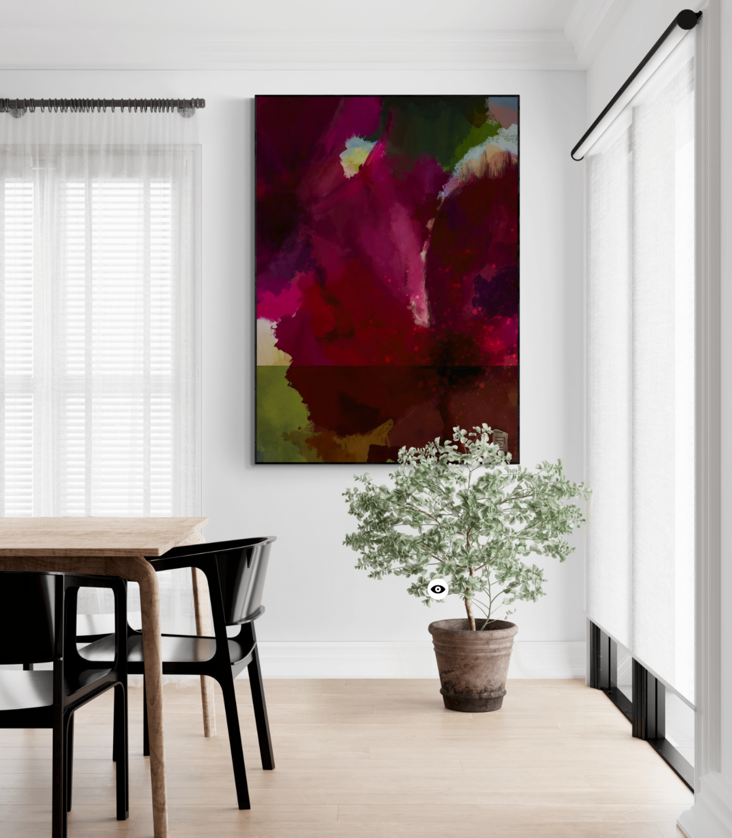 "Panorama" er en abstrakt kunstplakat, der kombinerer intense røde og grønne nuancer med subtile teksturer for at skabe en dyb og medrivende visuel oplevelse. Jeg har ladet mig inspirere af blomster hvilket resulterer i et værk, der både er levende og beroligende. Dette lærredsprint er designet til at tilføje en følelse af dybde og drama til ethvert rum, hvilket gør den perfekt til moderne indretning.