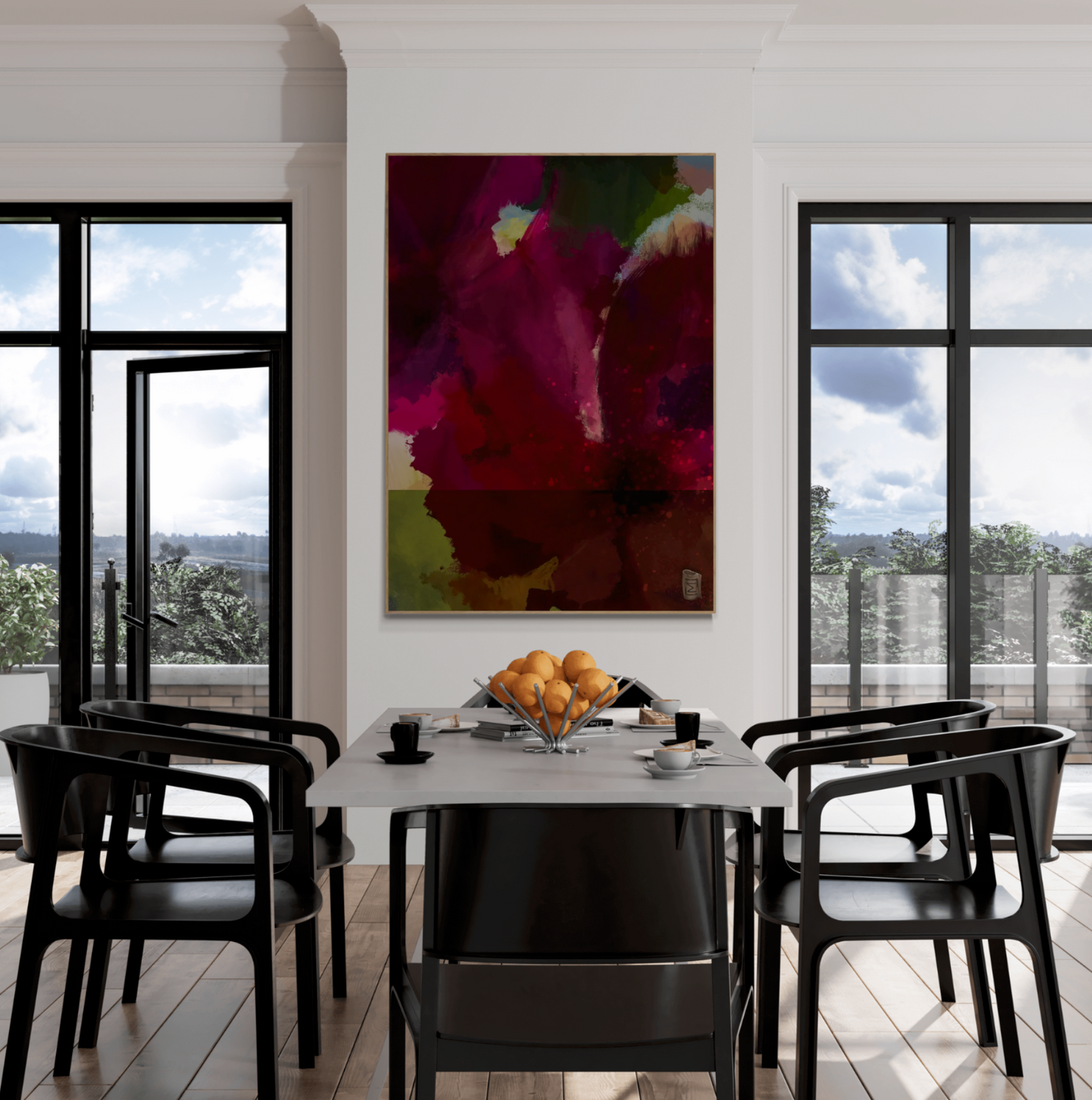 "Panorama" er en abstrakt kunstplakat, der kombinerer intense røde og grønne nuancer med subtile teksturer for at skabe en dyb og medrivende visuel oplevelse. Jeg har ladet mig inspirere af blomster hvilket resulterer i et værk, der både er levende og beroligende. Dette lærredsprint er designet til at tilføje en følelse af dybde og drama til ethvert rum, hvilket gør den perfekt til moderne indretning.