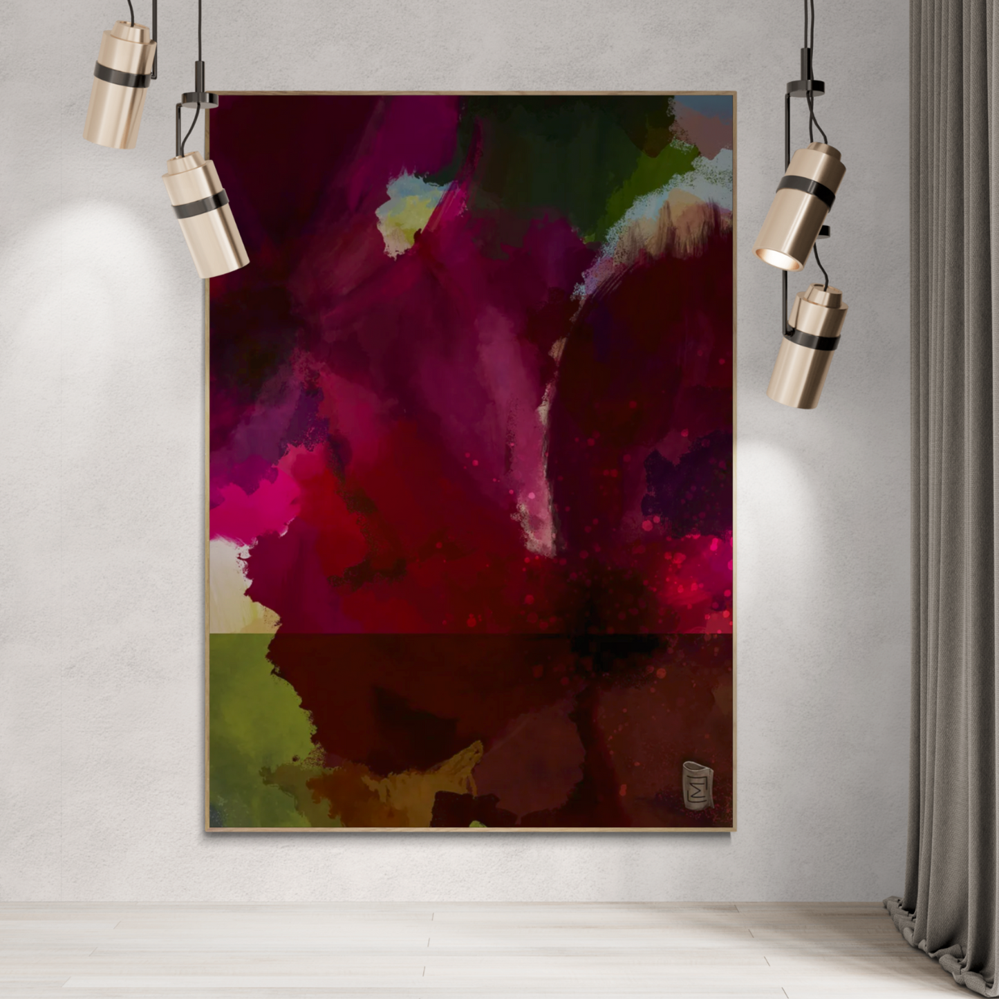 "Panorama" er en abstrakt kunstplakat, der kombinerer intense røde og grønne nuancer med subtile teksturer for at skabe en dyb og medrivende visuel oplevelse. Jeg har ladet mig inspirere af blomster hvilket resulterer i et værk, der både er levende og beroligende. Dette lærredsprint er designet til at tilføje en følelse af dybde og drama til ethvert rum, hvilket gør den perfekt til moderne indretning.