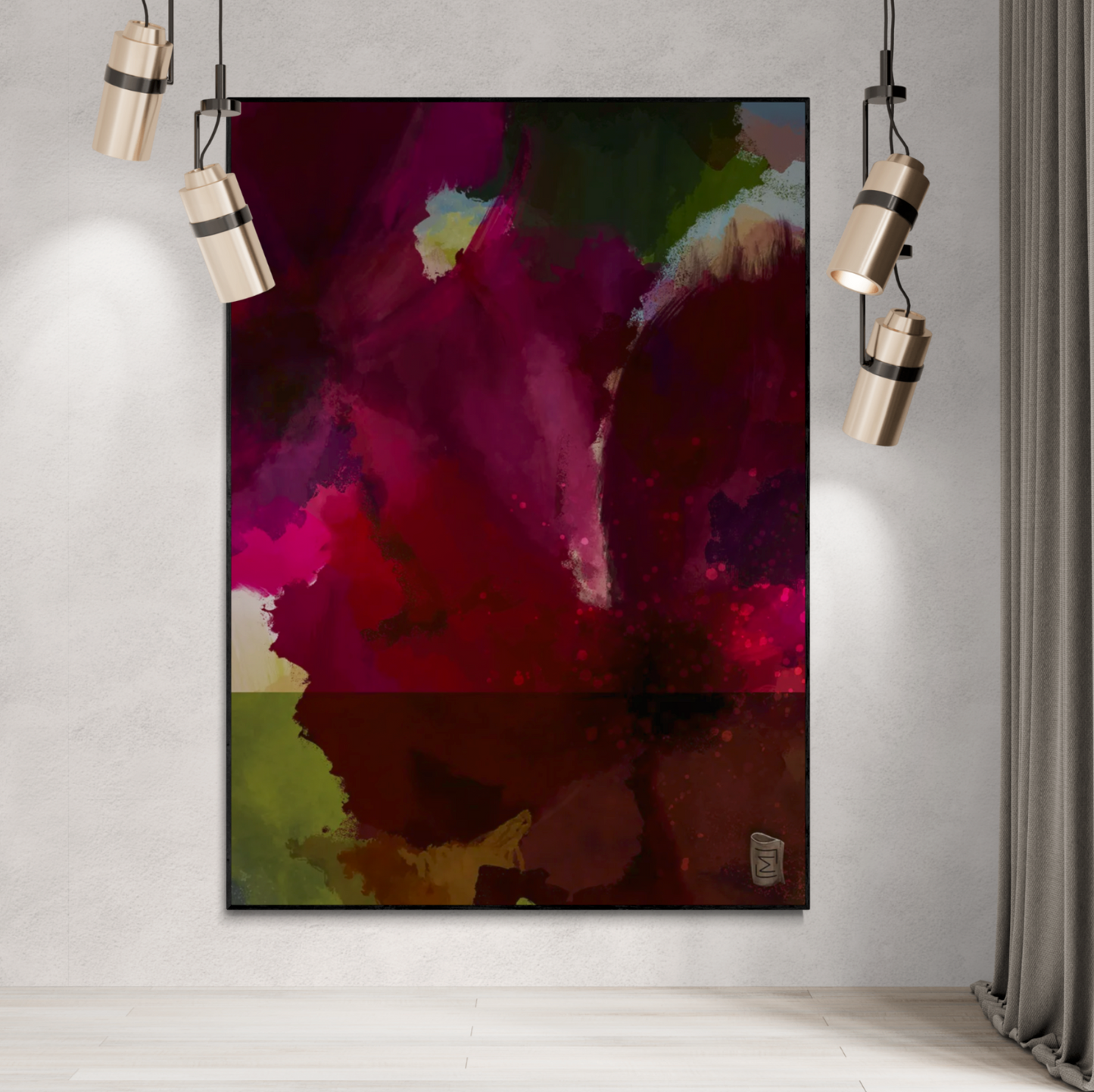 "Panorama" er en abstrakt kunstplakat, der kombinerer intense røde og grønne nuancer med subtile teksturer for at skabe en dyb og medrivende visuel oplevelse. Jeg har ladet mig inspirere af blomster hvilket resulterer i et værk, der både er levende og beroligende. Dette lærredsprint er designet til at tilføje en følelse af dybde og drama til ethvert rum, hvilket gør den perfekt til moderne indretning.