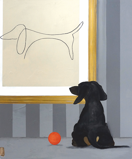 Maleri af en hund, der betragter en enkel tegning af en hund på væggen, af Maria Lundsten.