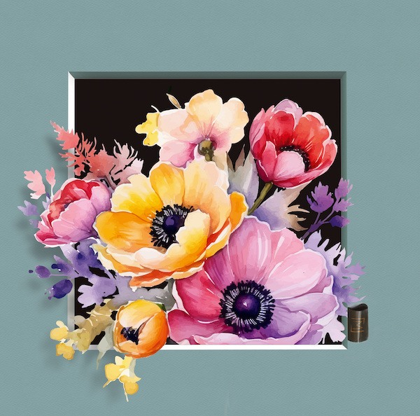 ramme. Så her kan man sige man får en et billed med passe partout ramme. "Botanical Bliss” af Maria Lundsten er fyldt med farverige blomster, der virkelig lyser op i rummet.