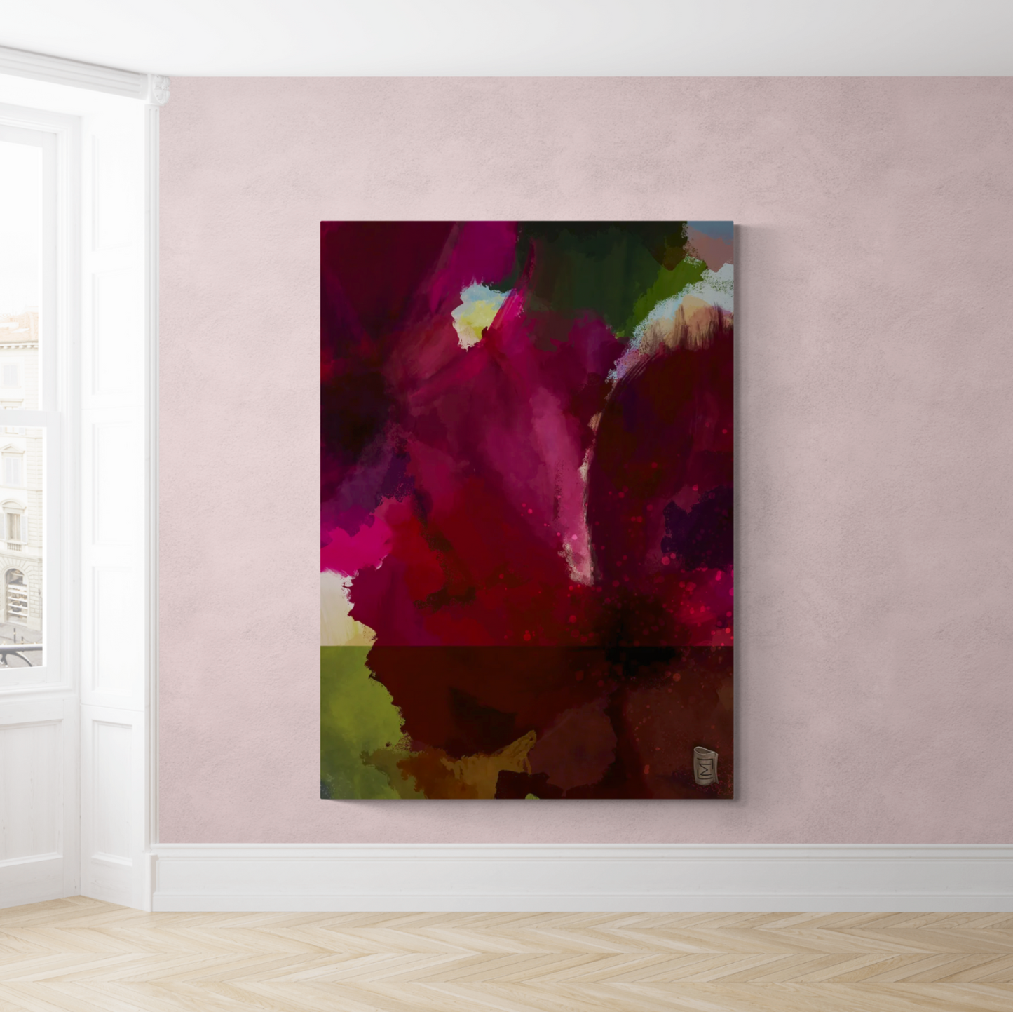 "Panorama" er en abstrakt kunstplakat, der kombinerer intense røde og grønne nuancer med subtile teksturer for at skabe en dyb og medrivende visuel oplevelse. Jeg har ladet mig inspirere af blomster hvilket resulterer i et værk, der både er levende og beroligende. Dette lærredsprint er designet til at tilføje en følelse af dybde og drama til ethvert rum, hvilket gør den perfekt til moderne indretning.