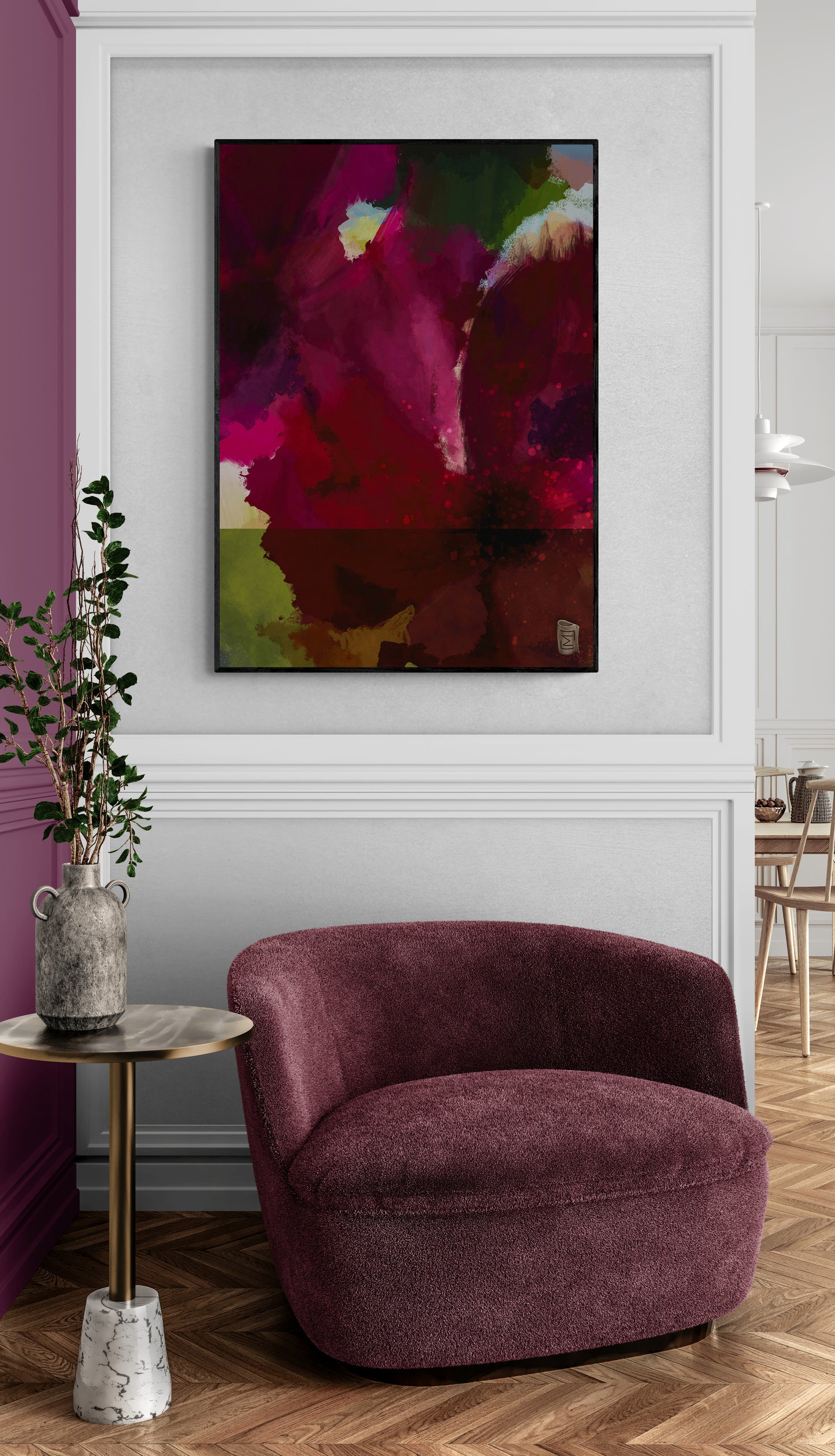 "Panorama" er en abstrakt kunstplakat, der kombinerer intense røde og grønne nuancer med subtile teksturer for at skabe en dyb og medrivende visuel oplevelse. Jeg har ladet mig inspirere af blomster hvilket resulterer i et værk, der både er levende og beroligende. Dette lærredsprint er designet til at tilføje en følelse af dybde og drama til ethvert rum, hvilket gør den perfekt til moderne indretning.