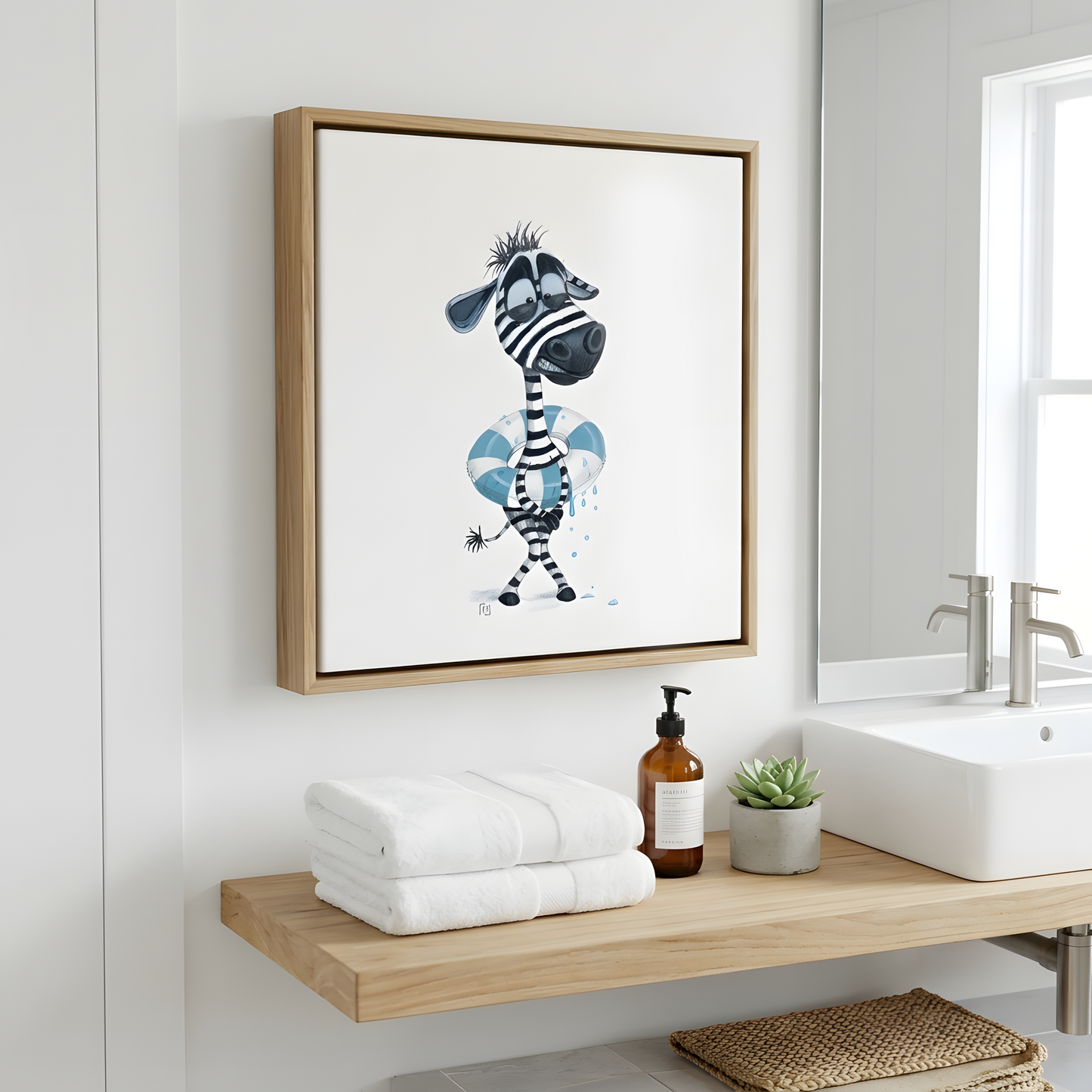 Sjov zebraillustration med oppustelig badering og krydsede ben.