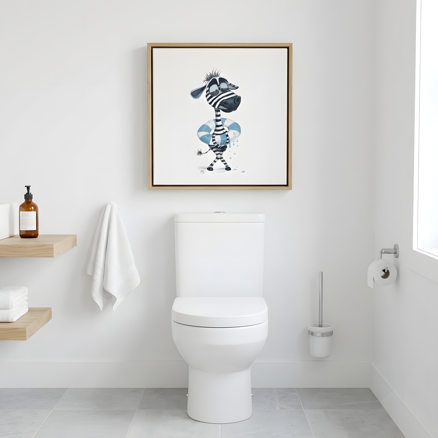Humoristisk zebra med badebassin og bekymret ansigtsudtryk på hvid baggrund på toilet
