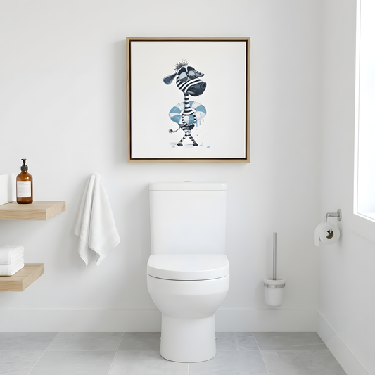 Humoristisk zebra med badebassin og bekymret ansigtsudtryk på hvid baggrund på toilet