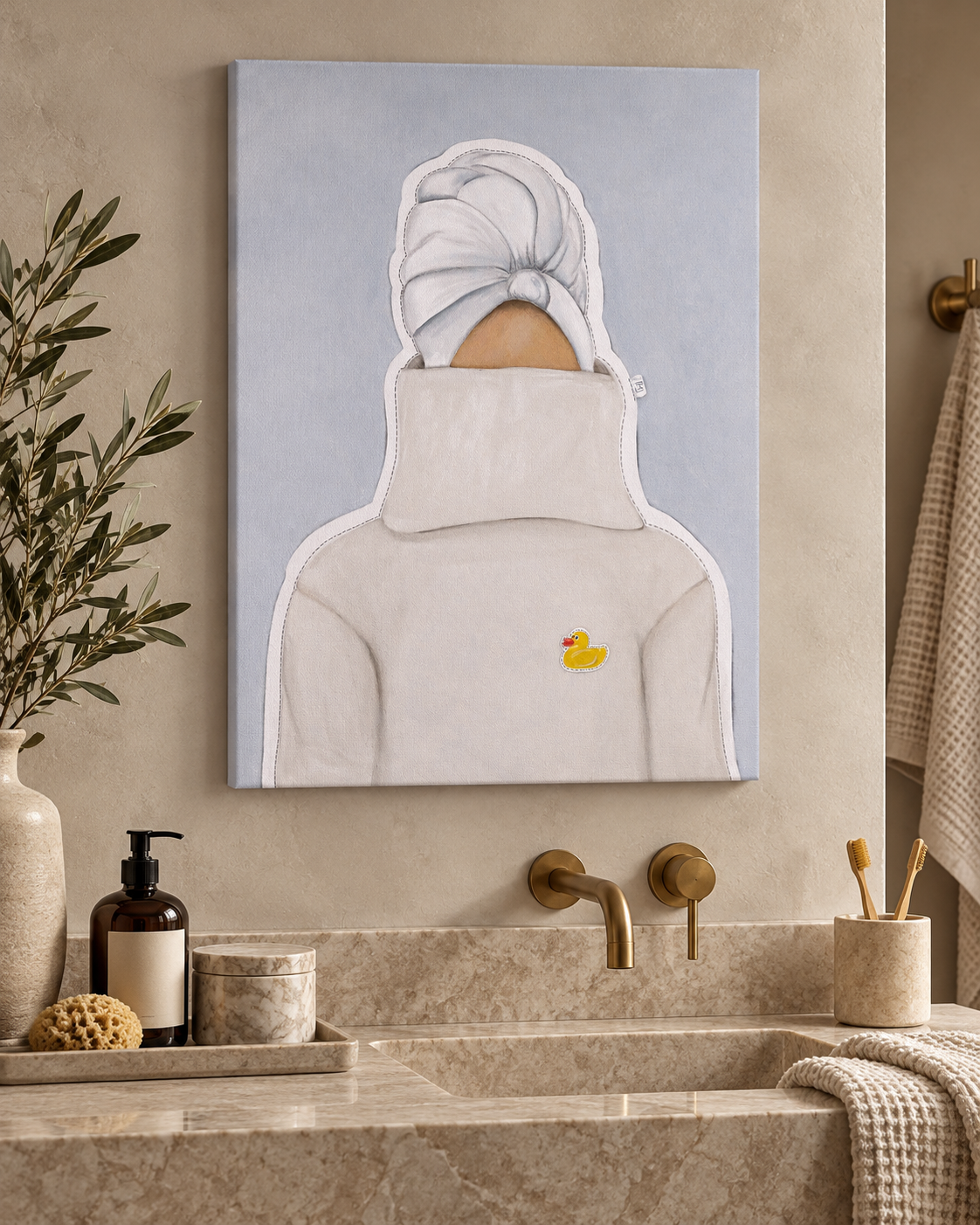 Original kunst af Maria Lundsten – At the End of the Day med hvid turban og gul badeand i eksklusivt badeværelse.