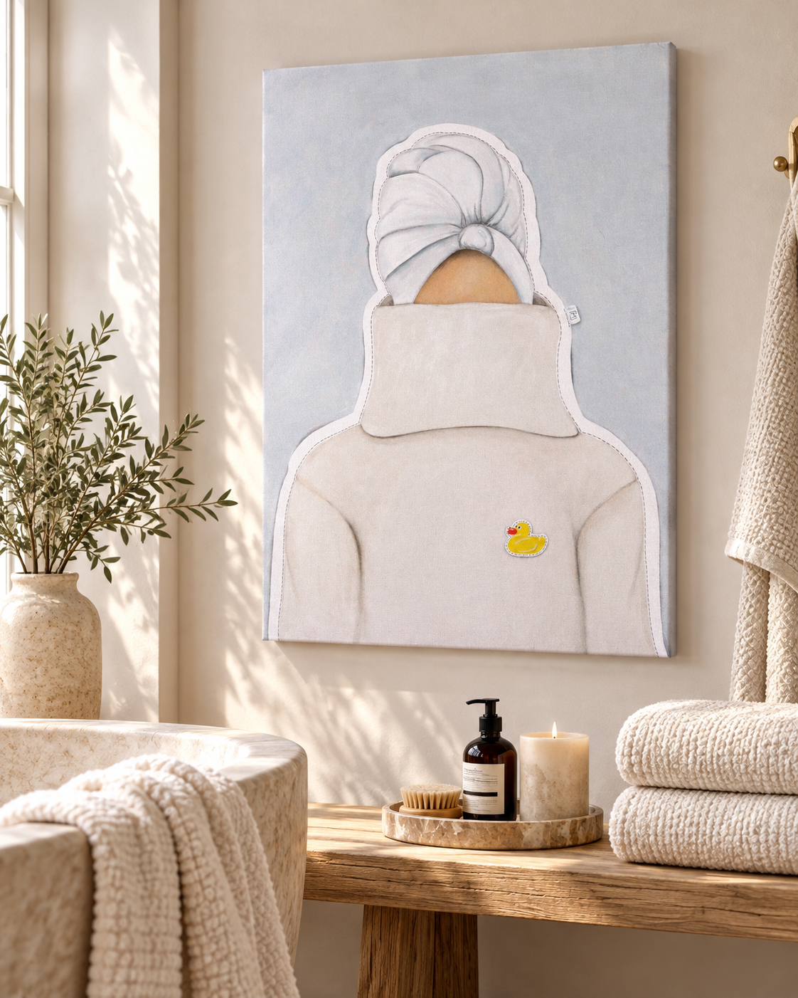 At the End of the Day – originalt maleri i skandinavisk badeværelse med lyse naturfarver og moderne indretning.