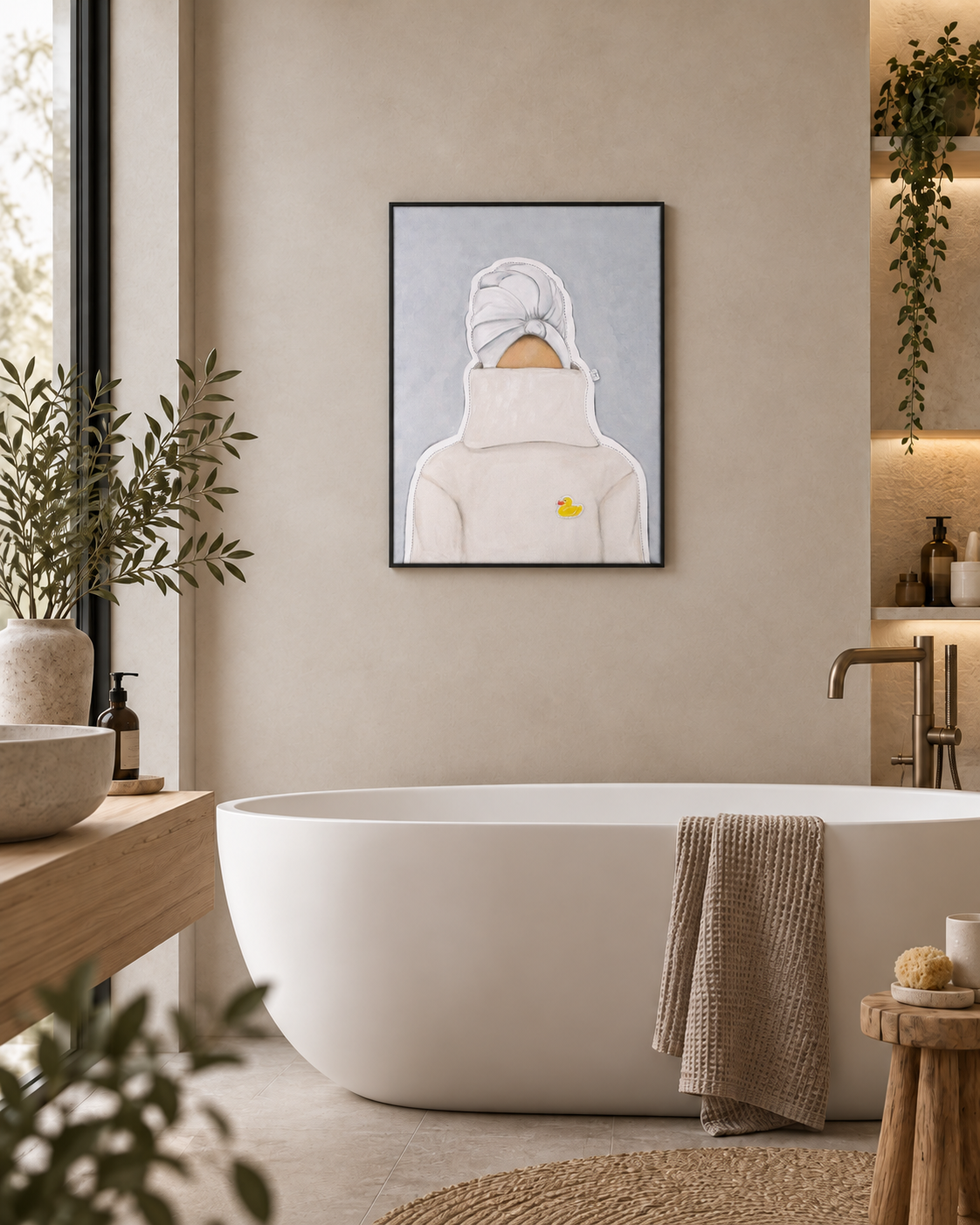 Moderne figurativ kunst i rolige farver – originalt maleri på lærred i elegant badeværelsesindretning.