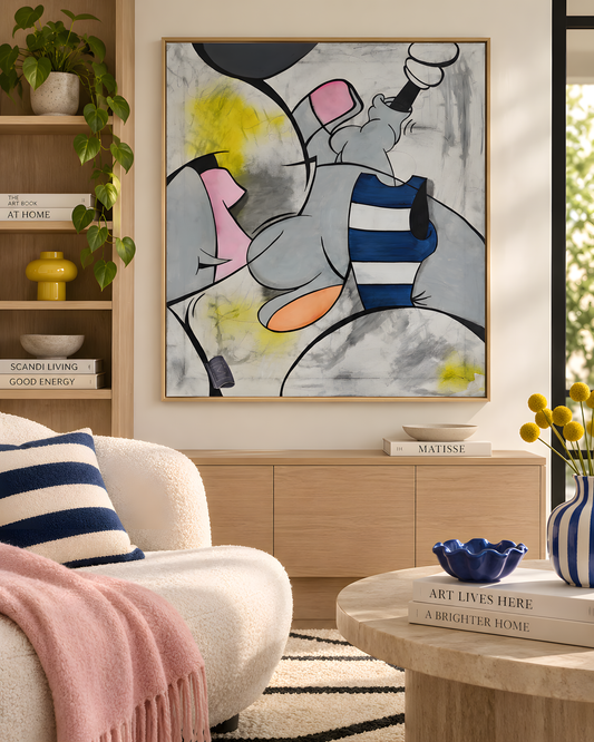 Disney-ish af Maria Lundsten – moderne kunstværk med grafiske sorte streger og detaljer i pink, blå og gul