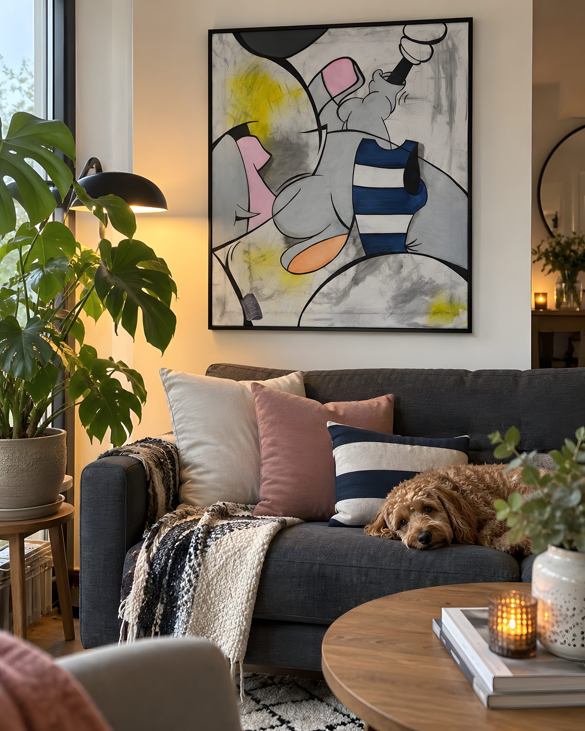Disney-ish kunst af Maria Lundsten i moderne skandinavisk indretning
