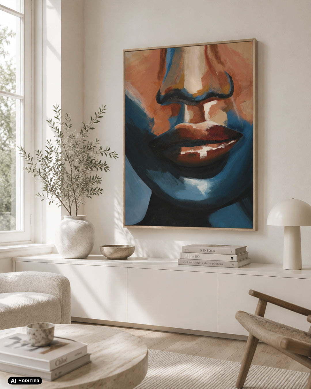 Face No. 1 kunstplakat med abstrakt ansigt i blå, orange og sorte nuancer i lyst skandinavisk interiør